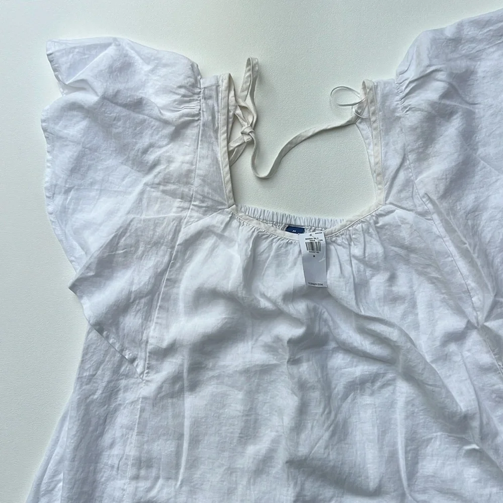 White w/ cream trim Old‎ Navy puff sleeve lightweight beach blouse linen blend M